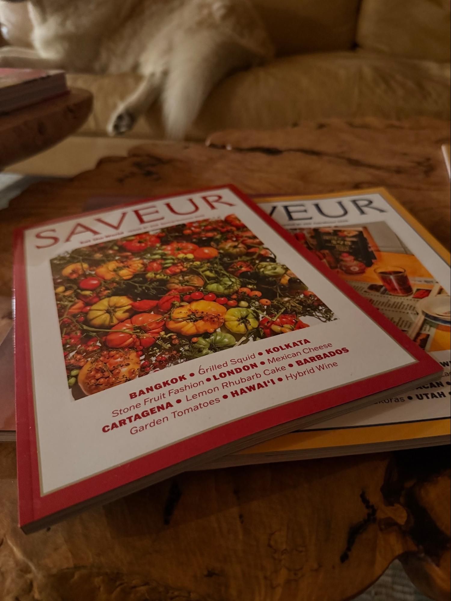 Saveur magazine on a wooden table